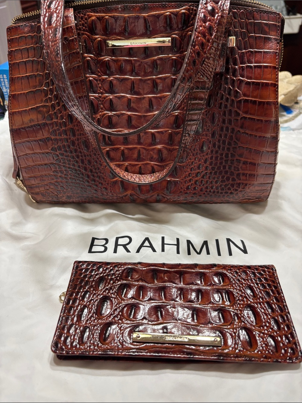 Brahmin Croc-Embossed Satchel and Wallet in Deep Brown